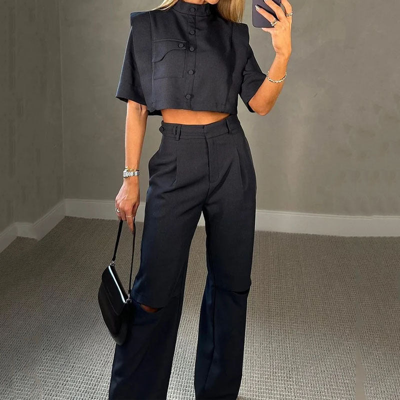 Casual Single-breasted Short Sleeve Top Ripped Wide-legged Trousers Two-piece Set