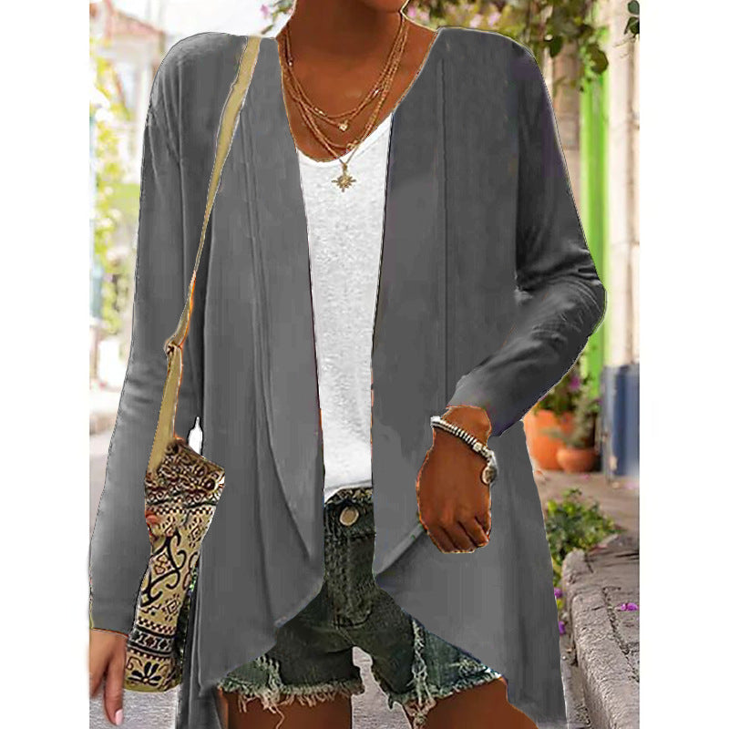 Long Sleeve Solid Color Loose Cardigan Top Women