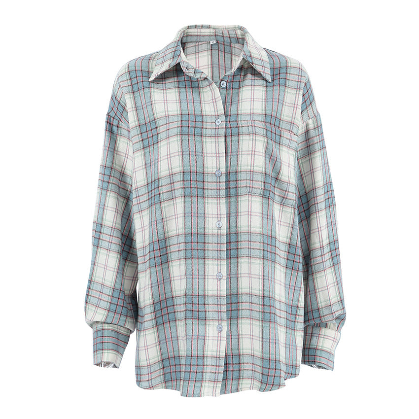 Women's Classic Long Sleeve Plaid Casual Loose Shirt with Lapel