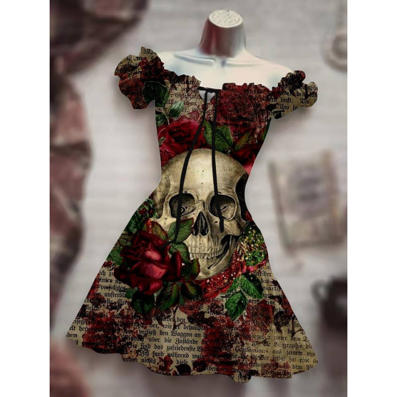 Halloween Drawstring Puff Sleeve High Waist Dress