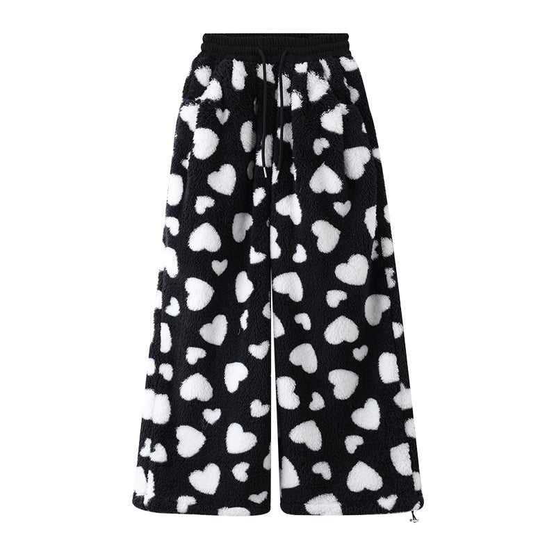 Women's Loose Polka Dot Lamb Wool Jogger Pants - Casual and Comfortable