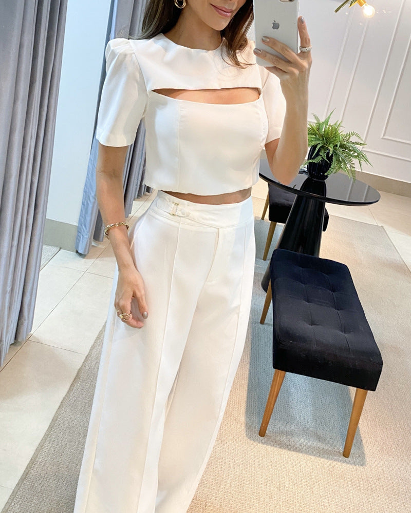 White Short Sleeve Top with Chest Hollow Out Detail - Women's Suit