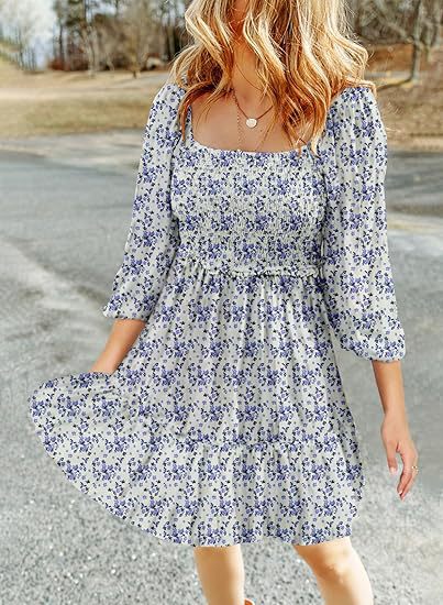 Women's 3/4 Sleeve Printed Dress with Square Collar and Pleating