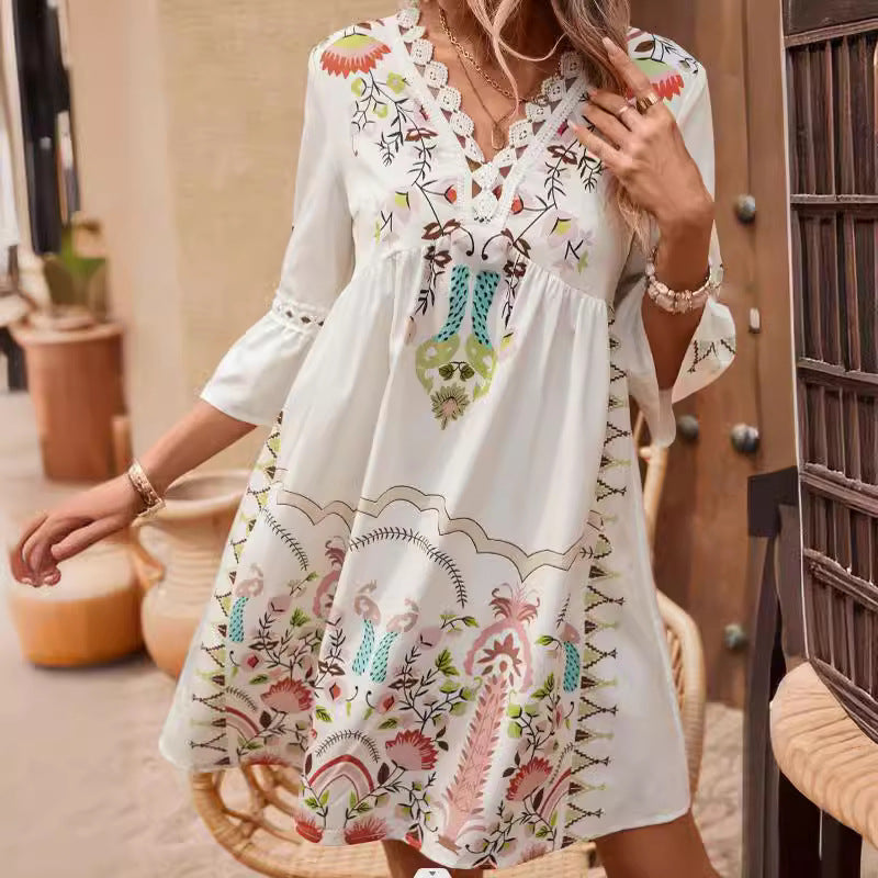 V-neck Lace Stitching Printing Dress for Women