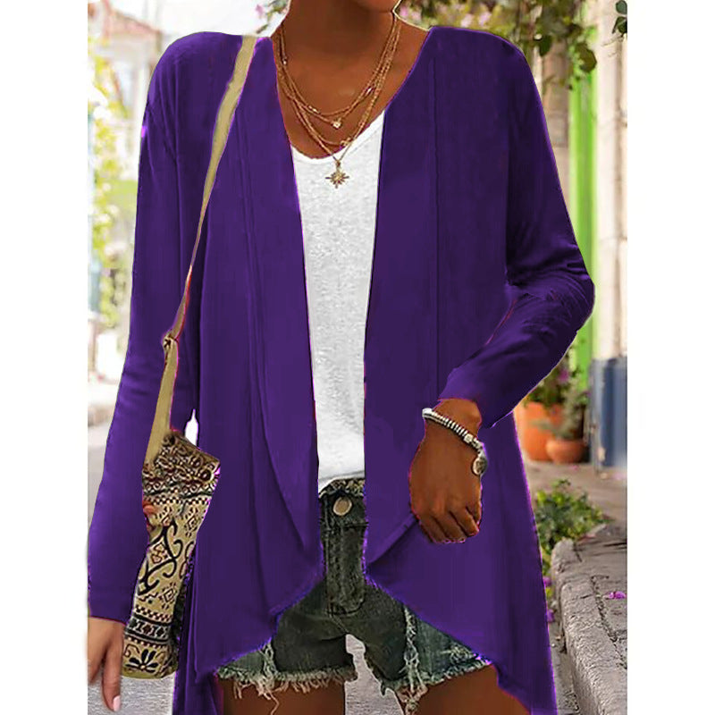 Long Sleeve Solid Color Loose Cardigan Top Women