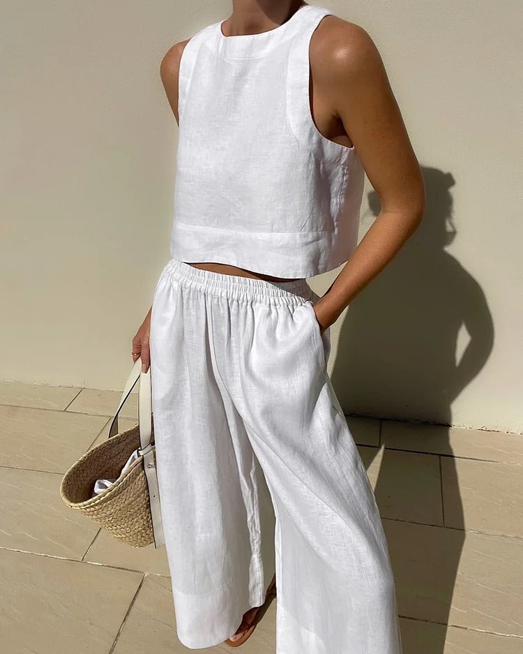 Loose Solid Color Sleeveless Shirt And Trousers Two-piece Set