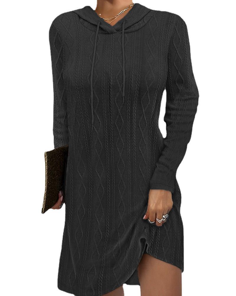 Women's Knitted Hooded Pullover Dress with Long Sleeves