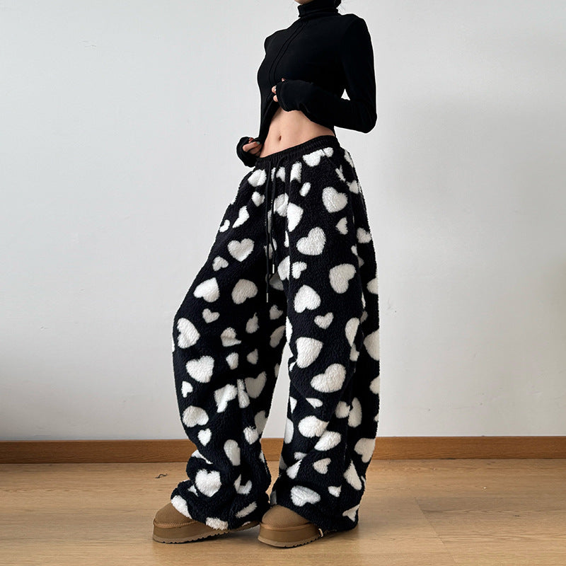 Women's Loose Polka Dot Lamb Wool Jogger Pants - Casual and Comfortable