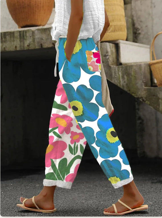 Women's Cotton And Linen Printing Paste Bags Casual Pants