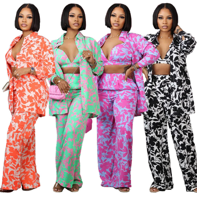 Three-Piece Printed Suit Set for Women, featuring Trousers