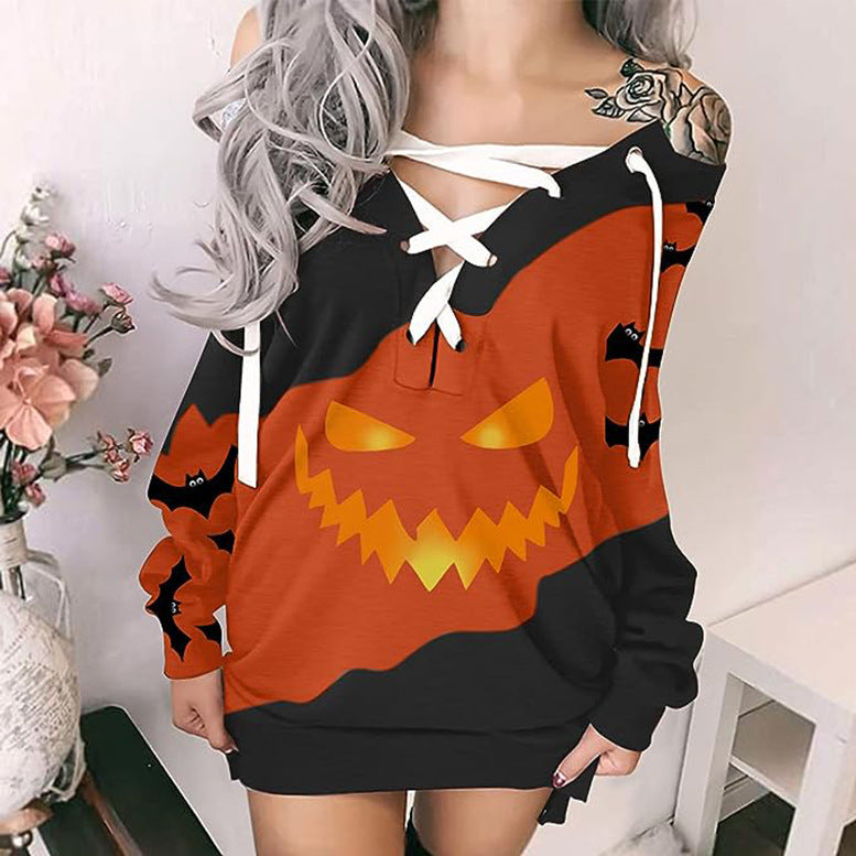 Women's V-neck Dress with Halloween Skull Print and Lace-up Detail