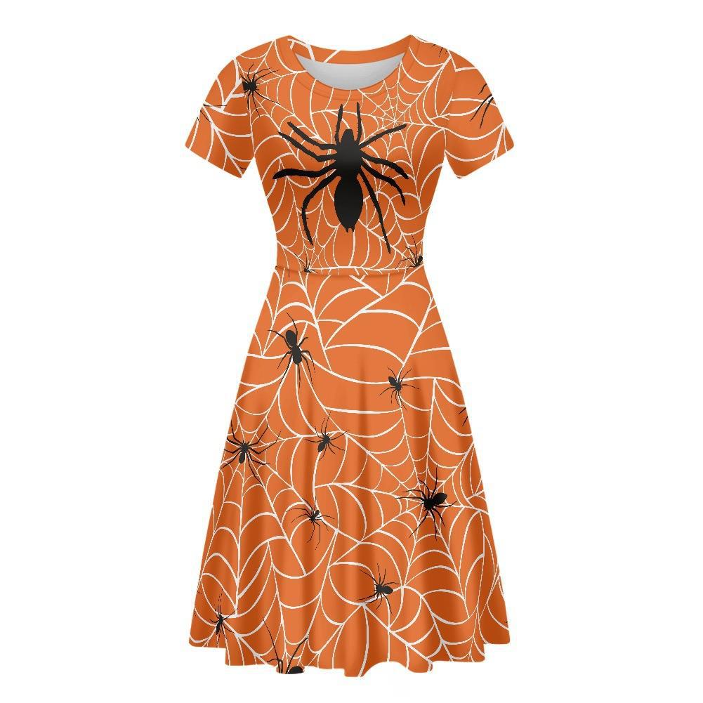 Halloween Dress with Spider, Grimace, and Pumpkin Print for Women