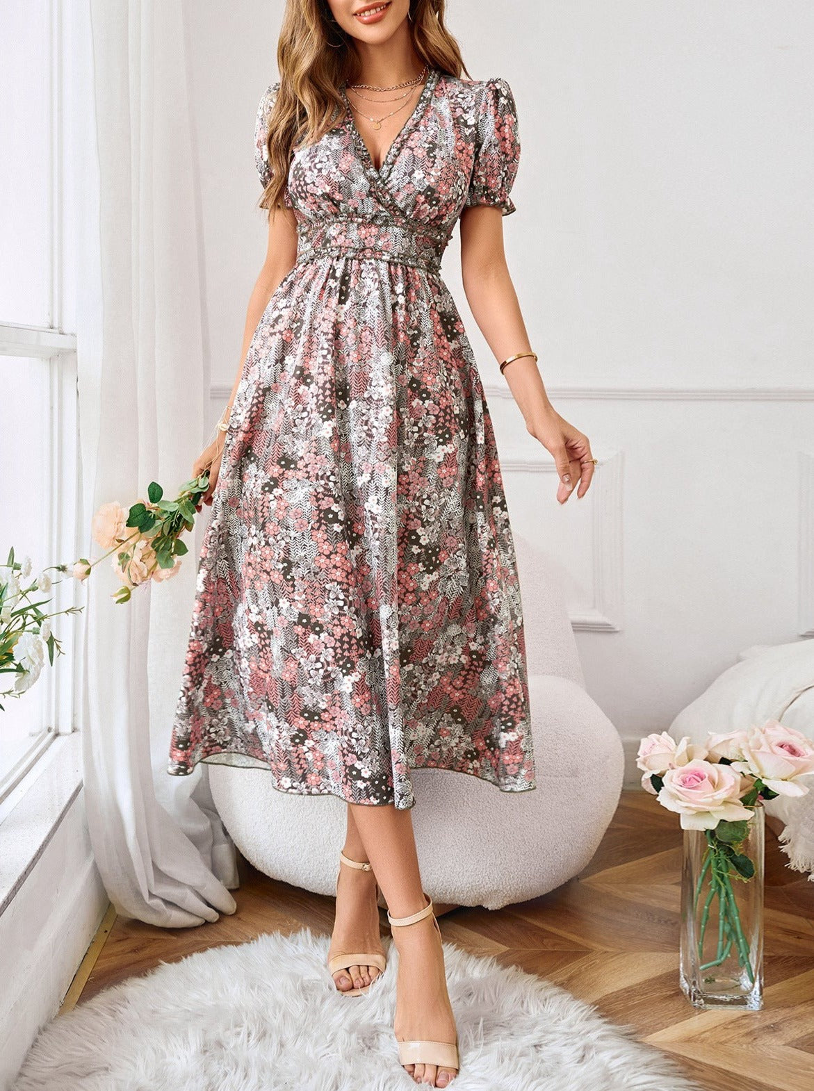 Printed V-neck Short-sleeved Dress with Waist Trimming for Women