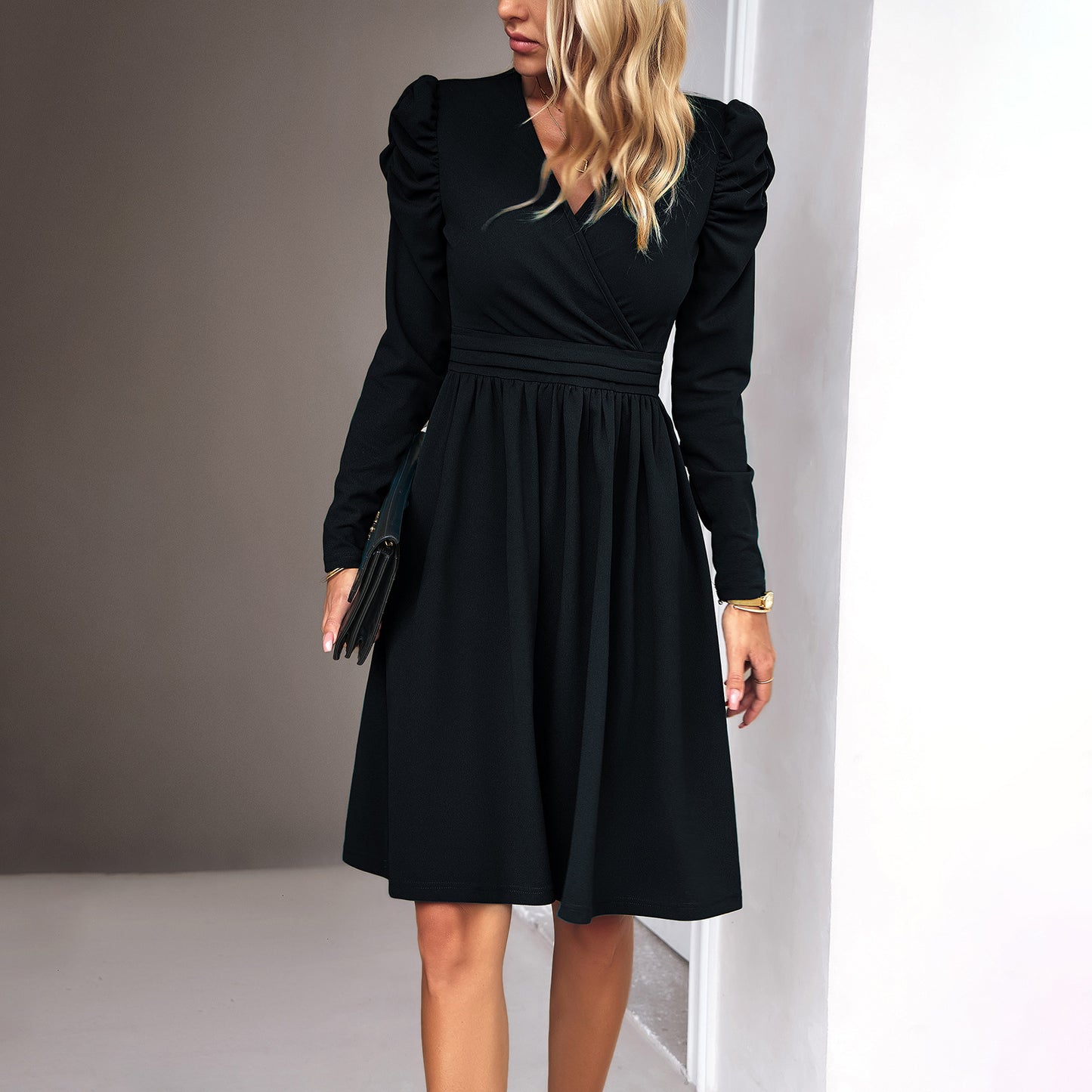 Elegant V-neck Long-sleeve Dress for Women's Fashion