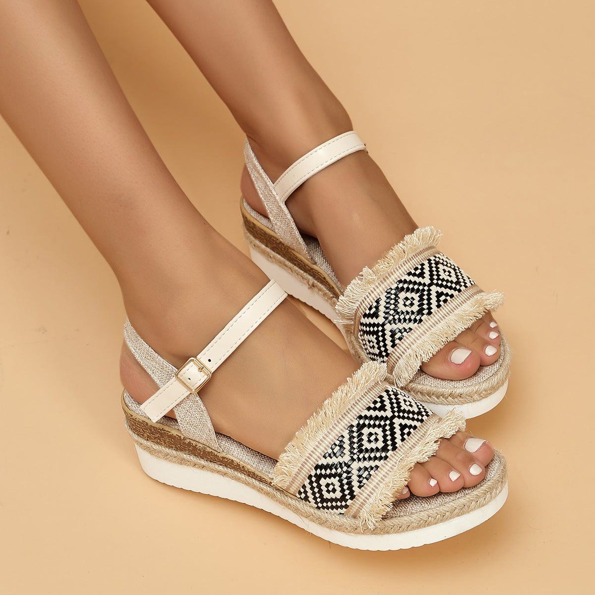 Summer Wedge Hemp Rope Ankle-Strap Buckle Muffin Sandals