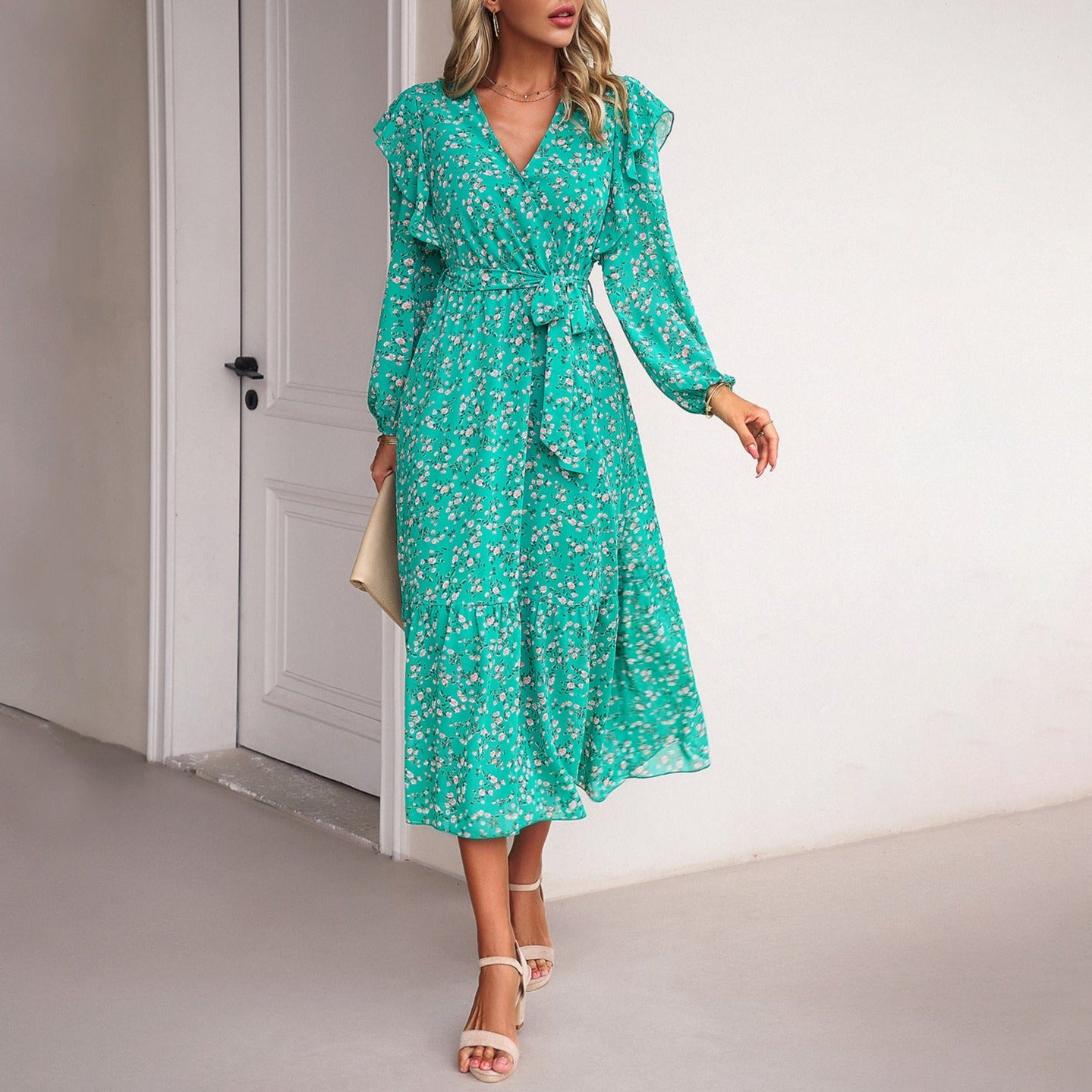 Women's Floral V-neck Long Sleeve Casual Fashion Dress