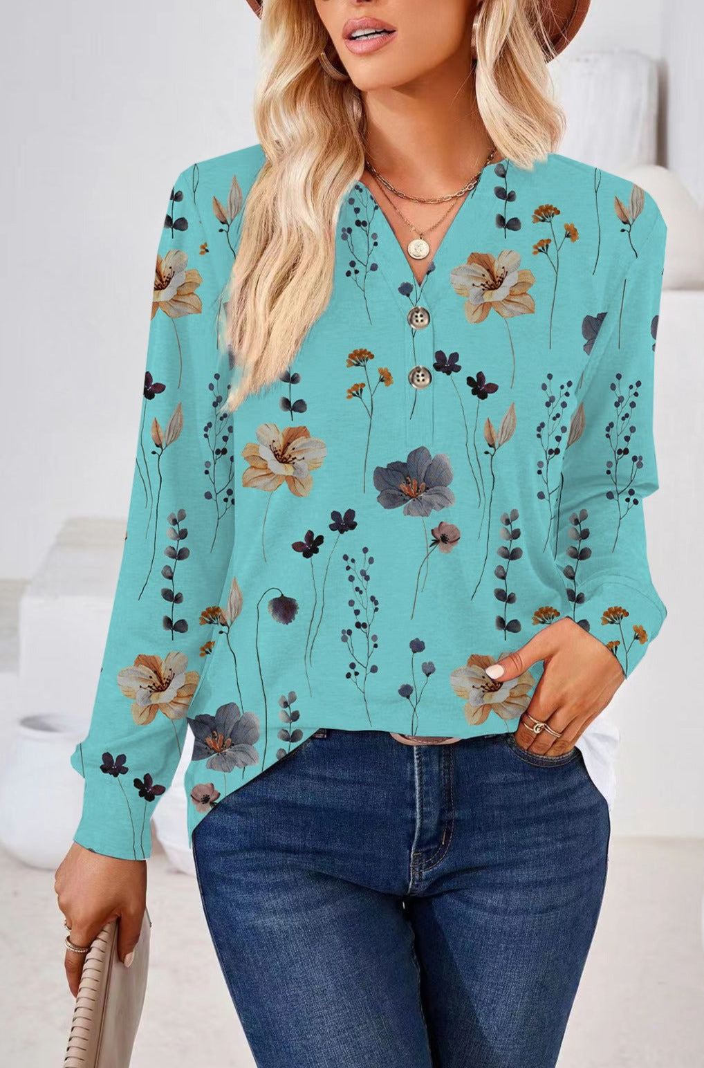 Women's Fashion Casual Long Sleeve Top with Button-Down V-neck and Printing