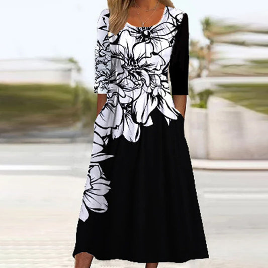 Women's Loose Long-Sleeved Dress with a Fashionable Print