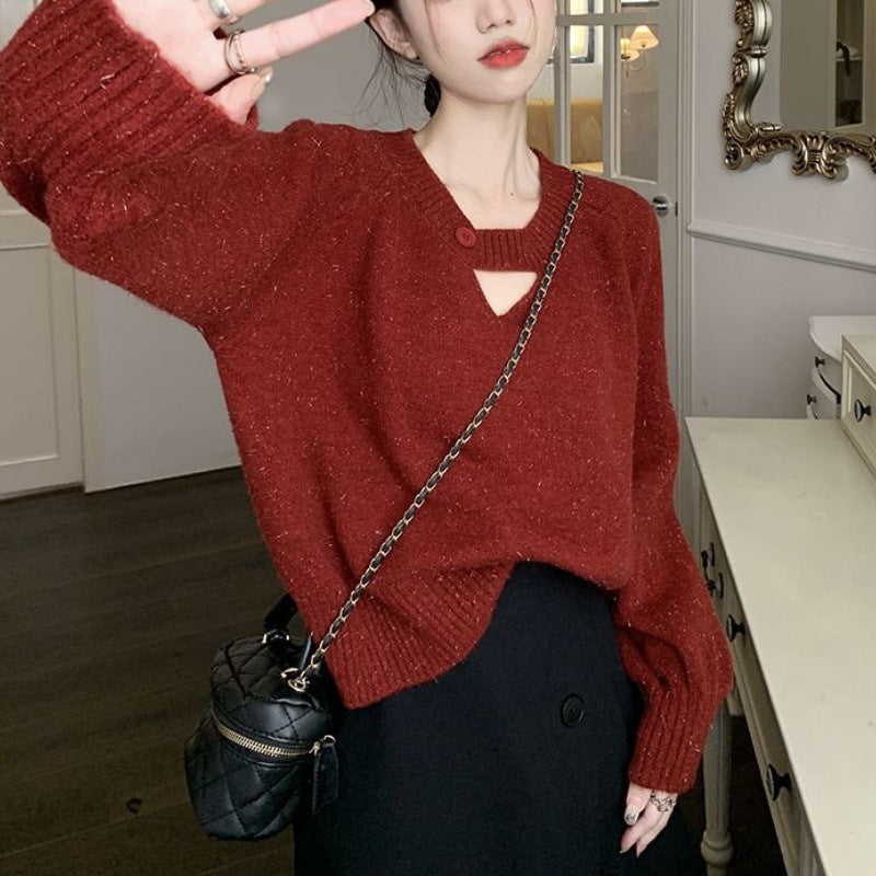 Women's Fashion Solid Color Retro Knitted Sweater