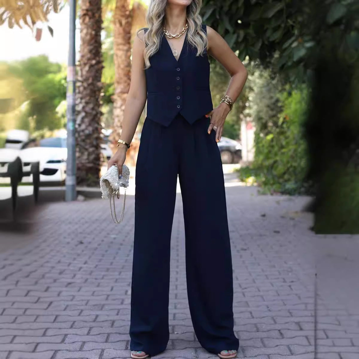 V-Neck Sleeveless Vest and Drooping Wide-Leg Pants Suit