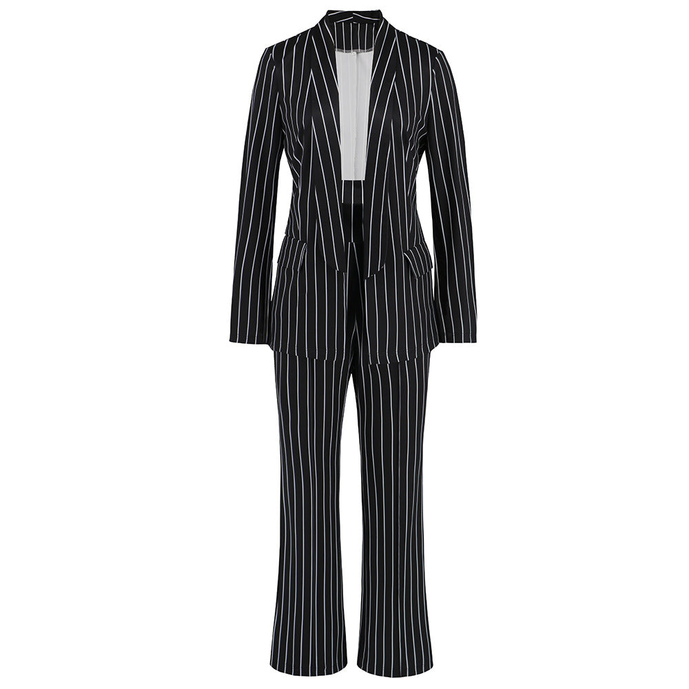 Casual Striped Blazer and Straight-Leg Wide-Leg Pants Suit for Women