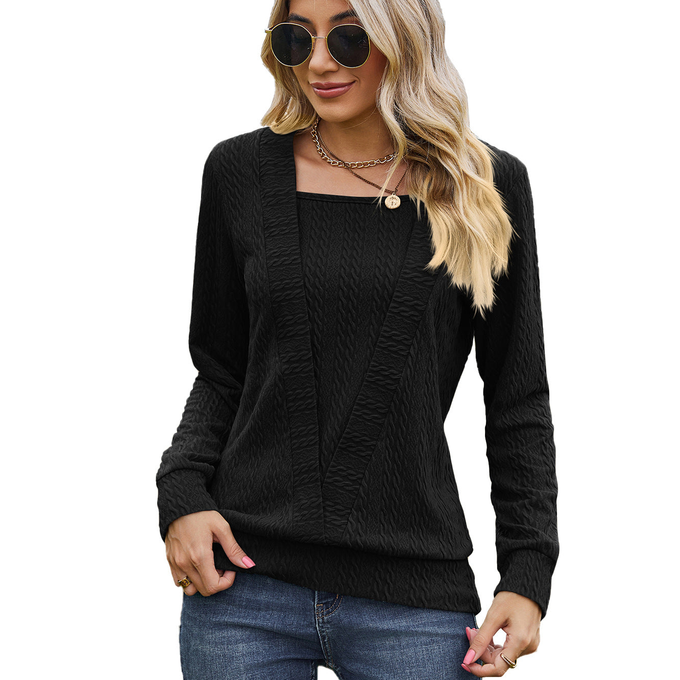 Women's Square Collar Cross Loose Long-sleeved T-shirt To