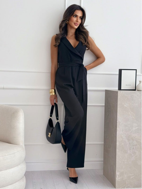 Women's Sleeveless V-Neck Lace-Up Jumpsuit with Waist Trimming
