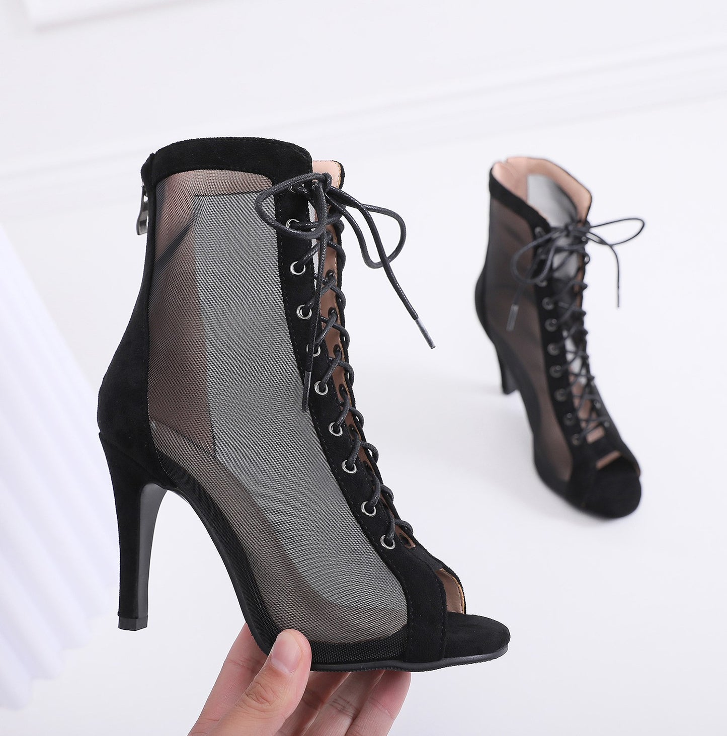 Mesh Stiletto Lace-Up Ankle Boots for Women