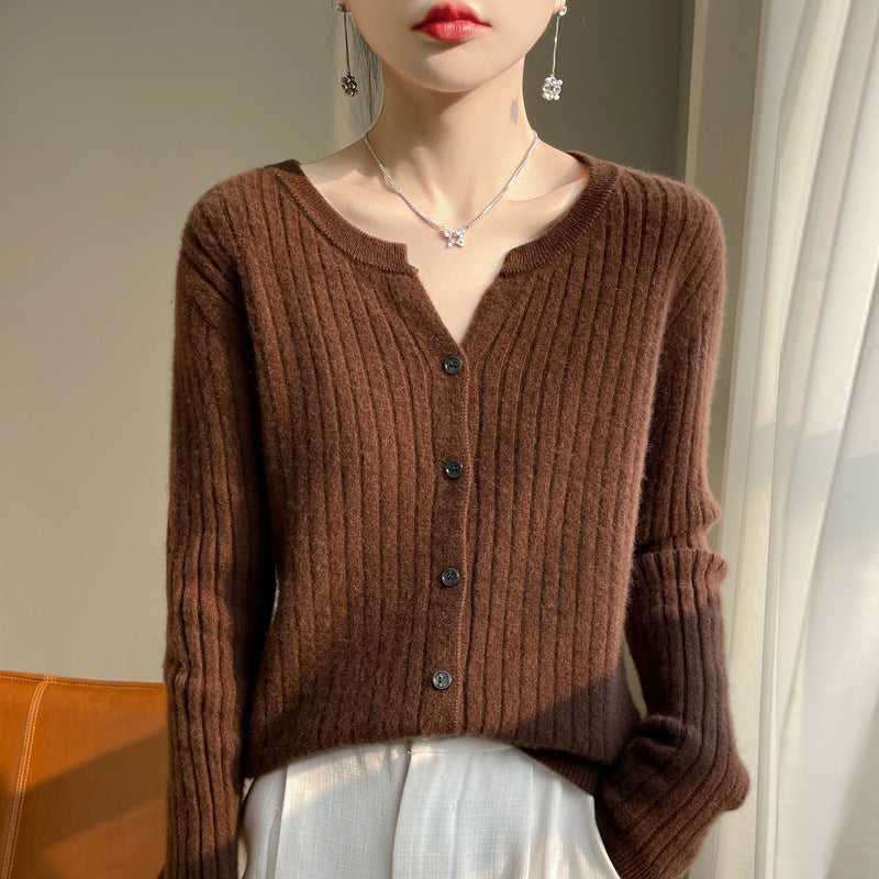 Round Neck Slim-Fit Short Striped Knitted Cardigan Jacket in Solid Color