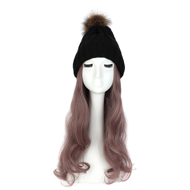 Women's Hat Wig Detachable Woolen Cap