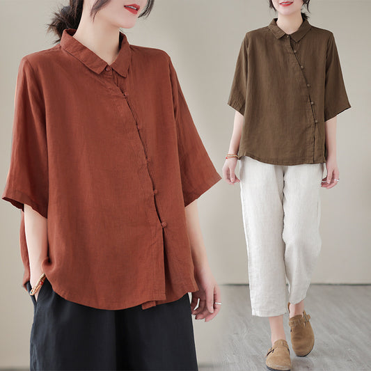Women's Pure Color All-matching Casual Cotton Linen Shirt