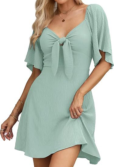 V-neck Short Sleeve Dress with Bow Tie for Women