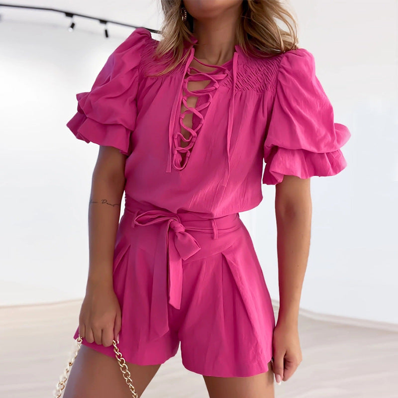 Women's Fashion Solid Color Stand Collar Shirt Top and Shorts Two-piece Set