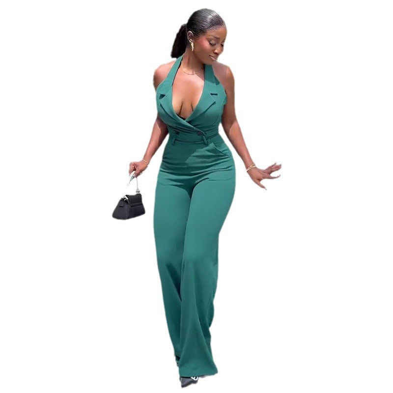 Backless Halter High Waist Pocket Casual Jumpsuit