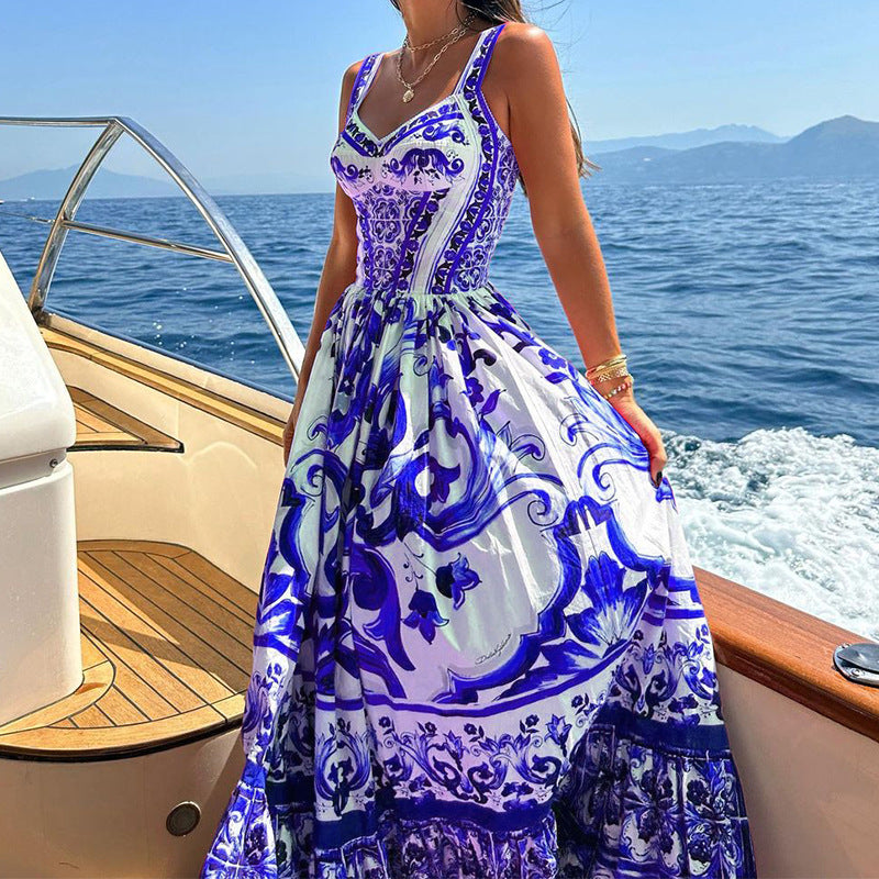 Women's Fashion Temperament Printed Spaghetti Straps Sleeveless Waist-controlled Large Hem Dress