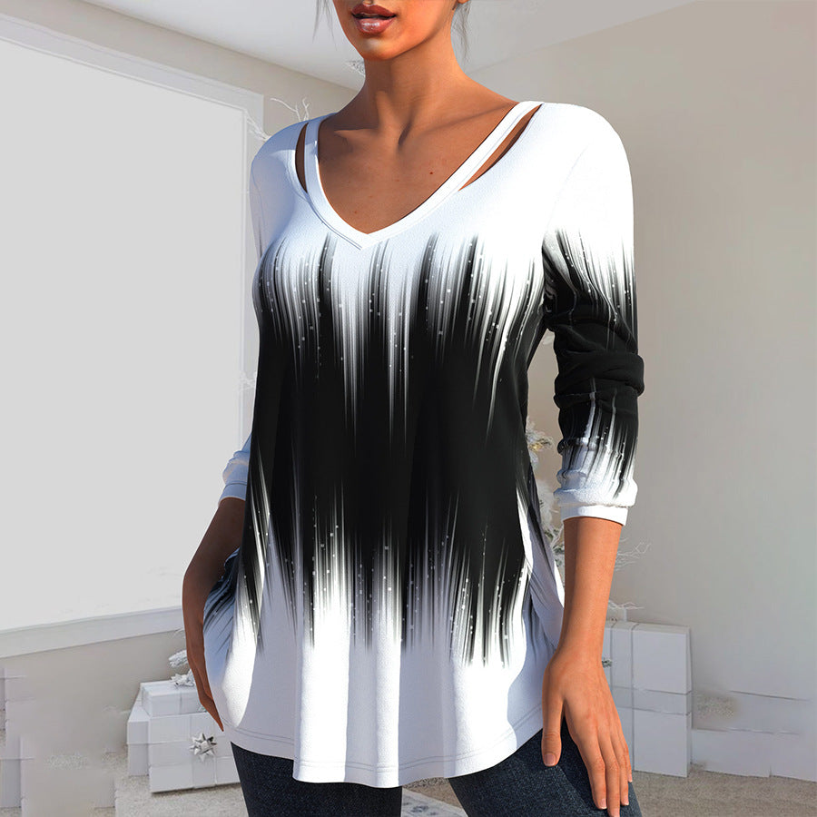 Hollow V-Neck Long Sleeve Printed T-shirt Shirt for Women