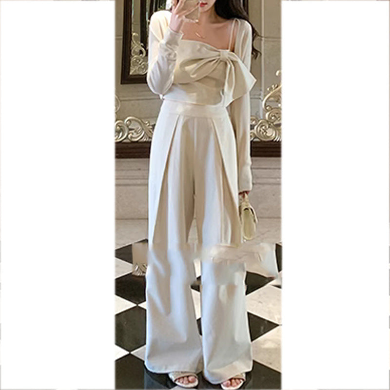 Women's Suit with Bow Suspenders Top and Wide Leg Pants