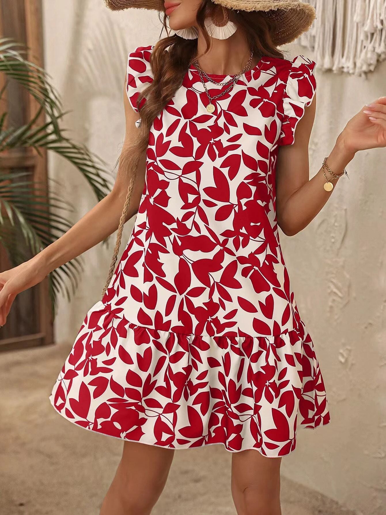 Women's Round Neck Dress with Printed Ruffles