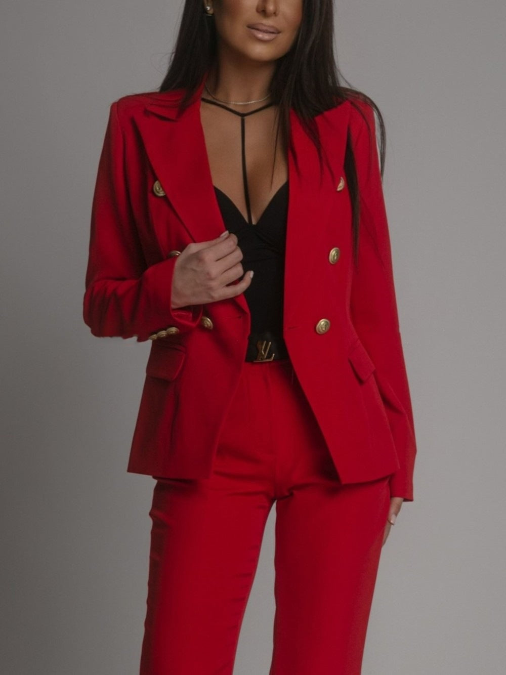 Women's Long-Sleeved Double-Breasted Suit with Stand-Up Collar