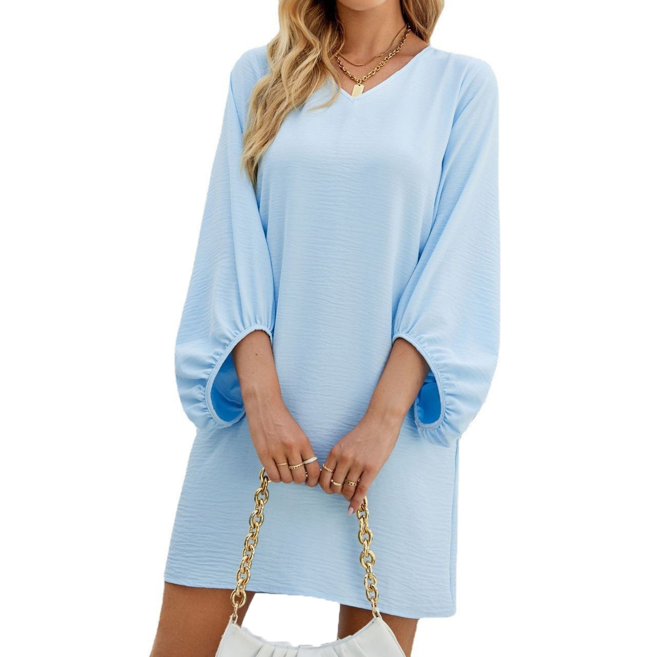 Solid Color And V-neck Three-quarter Sleeve Puff Sleeve Loose Dress