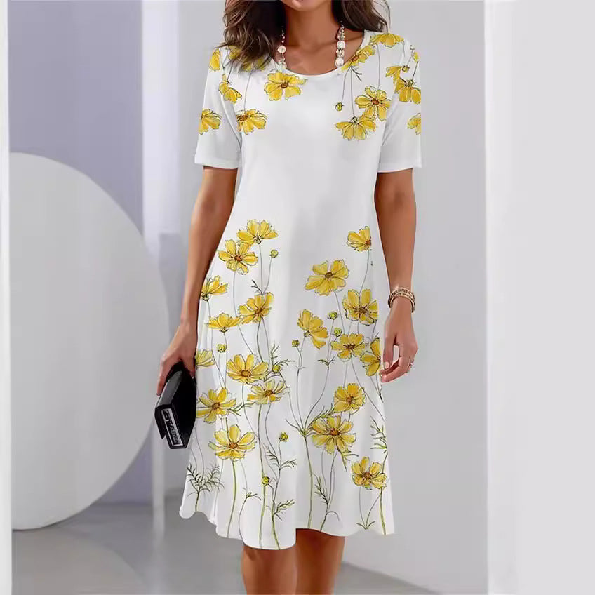 Round Neck Short Sleeve Printed Casual Dress for Women