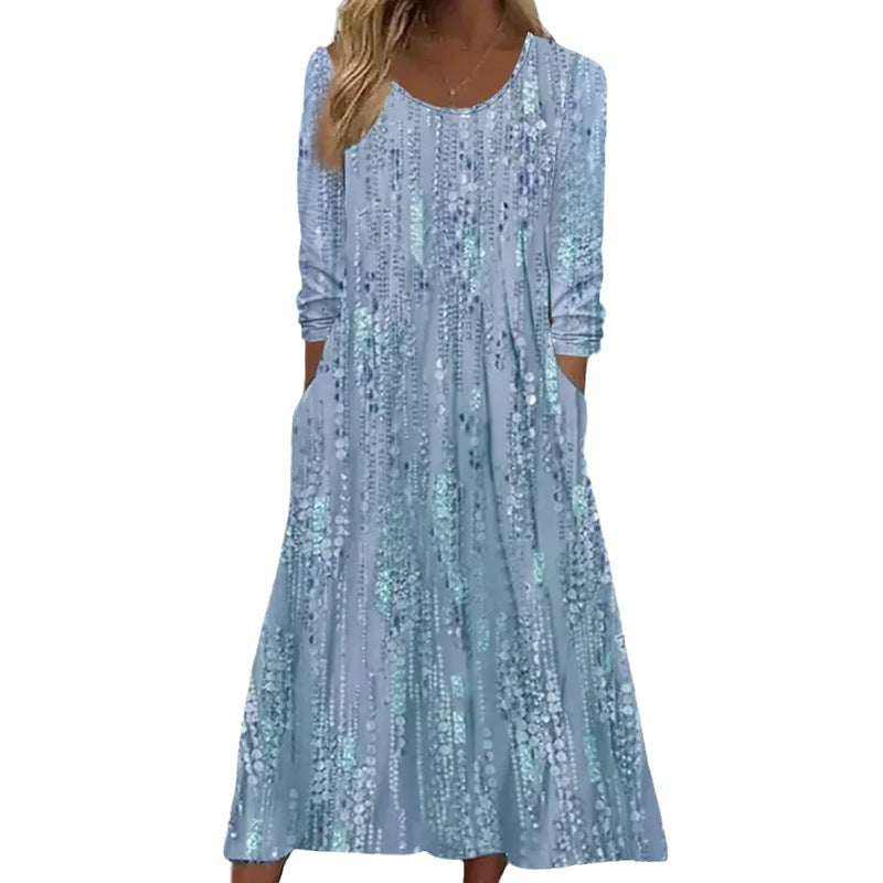 Women's Loose Long-Sleeved Dress with a Fashionable Print