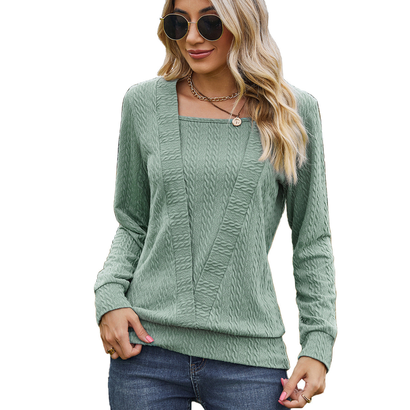 Women's Square Collar Cross Loose Long-sleeved T-shirt To