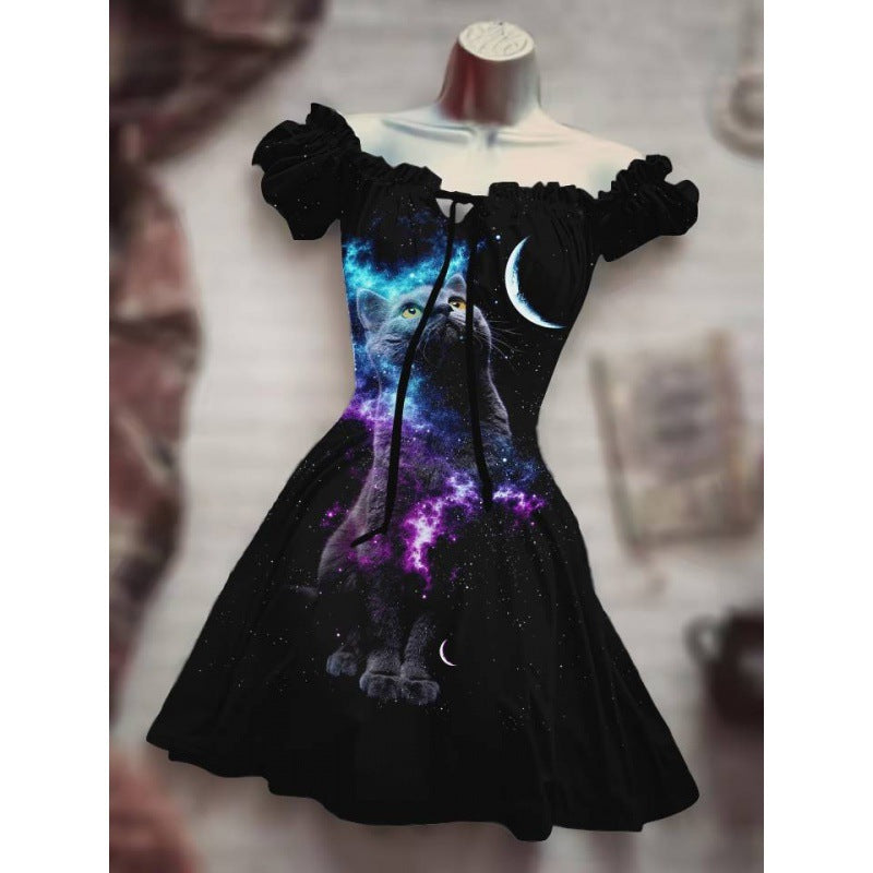 Halloween Drawstring Puff Sleeve High Waist Dress