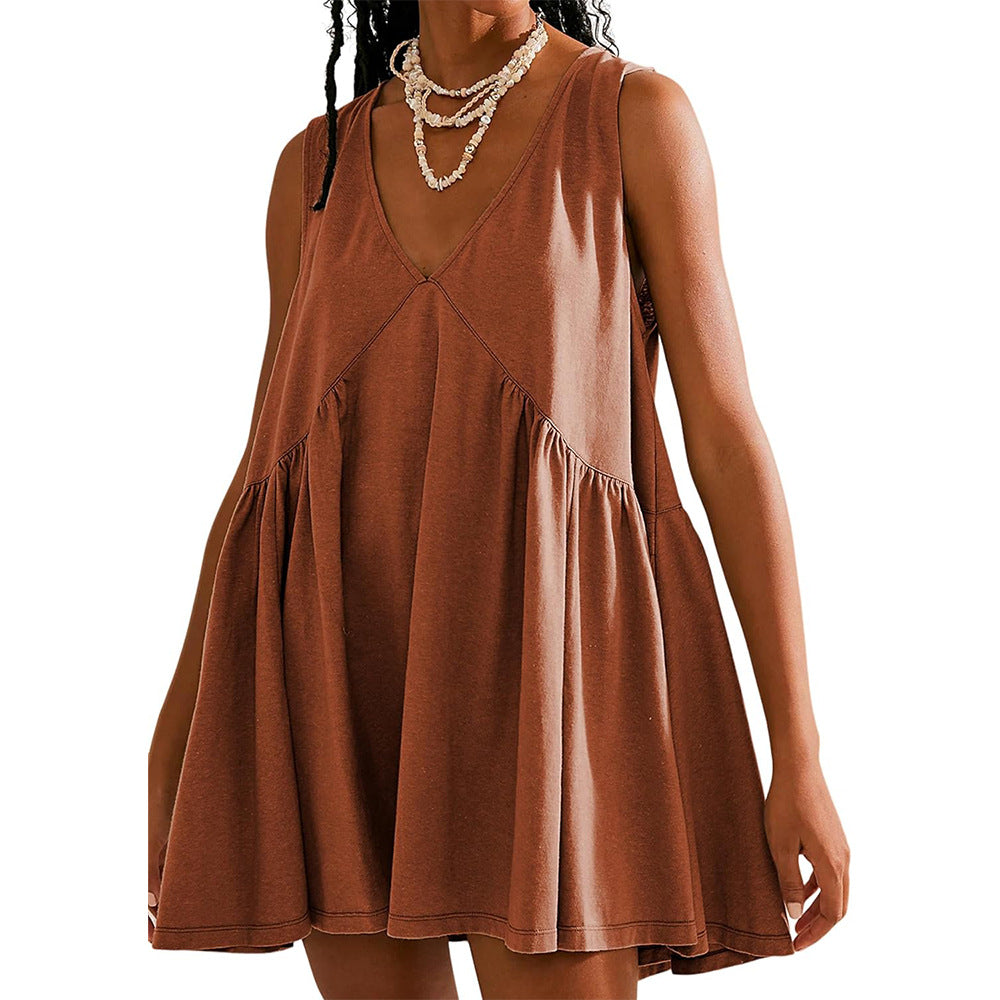 V-neck Dress with Pleated Pockets for Women