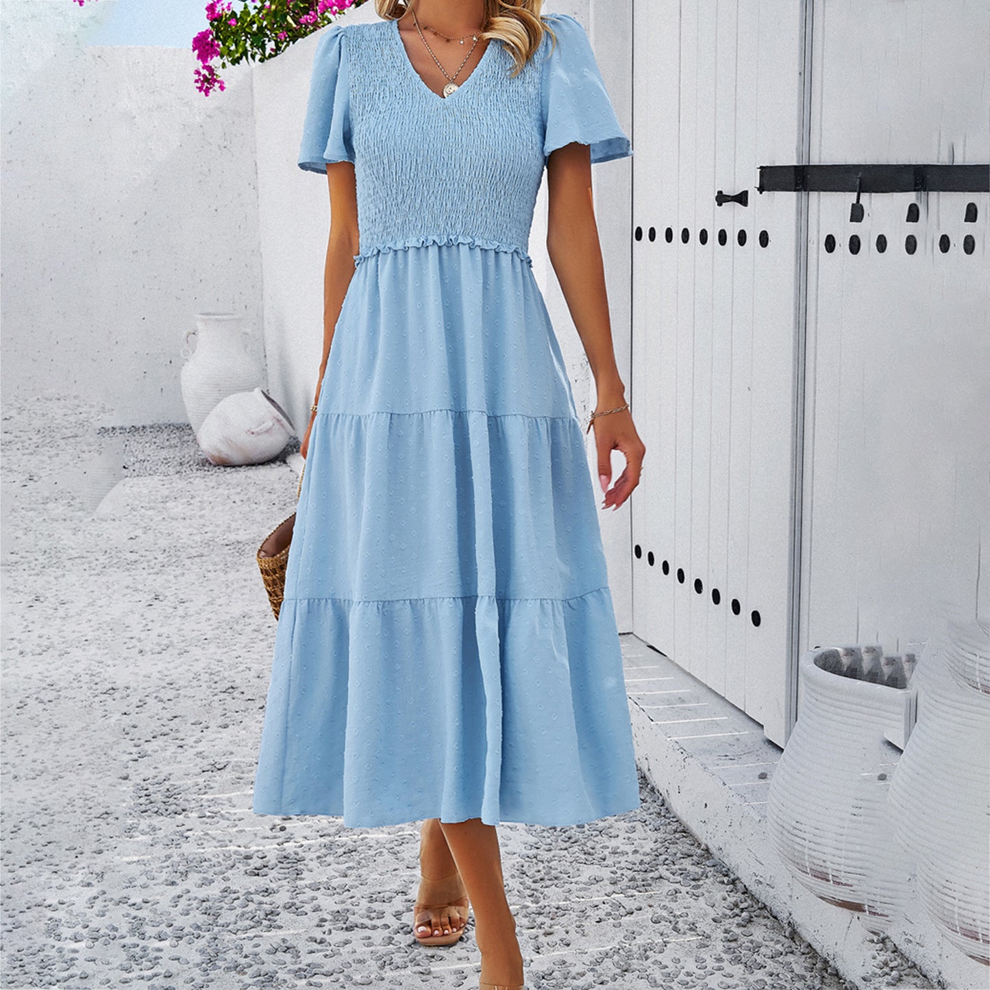 Women's Elegant V-neck Short Sleeve Dress