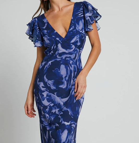 Printed Chiffon Maxi Dress Fashionable Temperament V-neck Bell Sleeve Dress