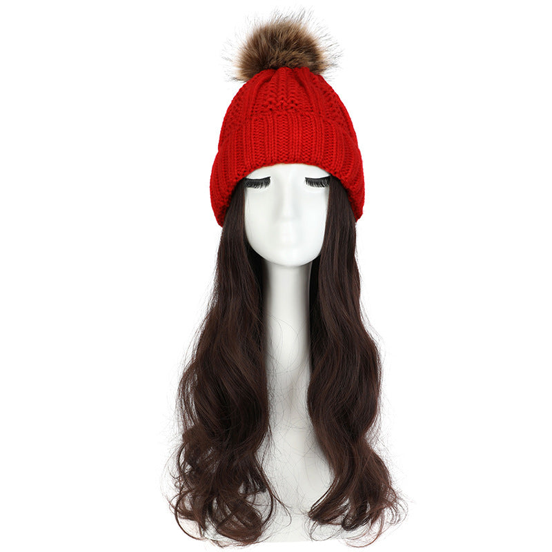 Women's Hat Wig Detachable Woolen Cap