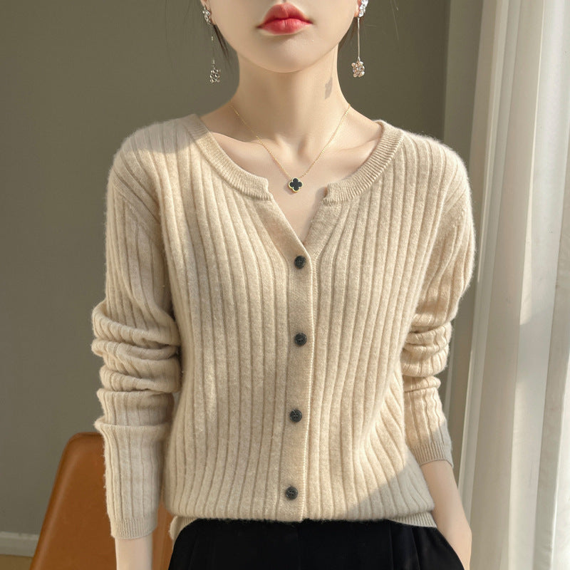 Round Neck Slim-Fit Short Striped Knitted Cardigan Jacket in Solid Color