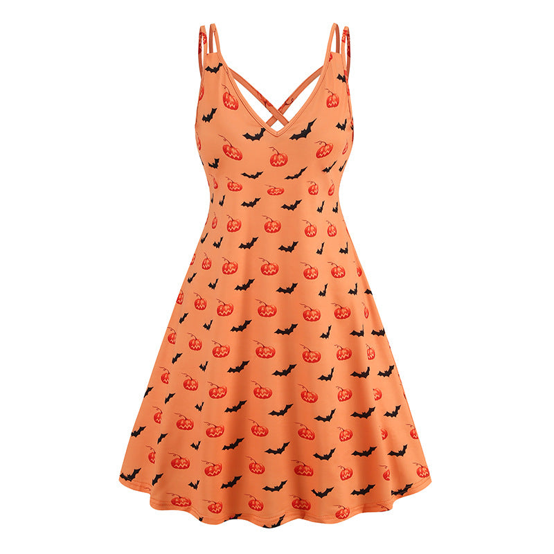 V-neck Strap Gothic Dress with Halloween Printed Pumpkin, Flowers, and Bats